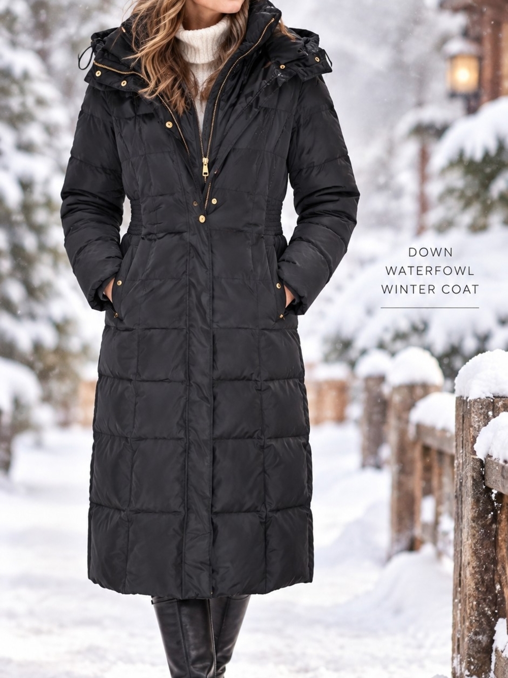 Women's Long Down Puffer Coat with Hood - Black Size Small